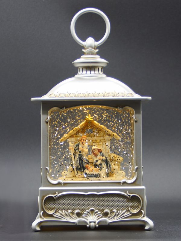 134883 8.75in LED Swirl Pewter Holy Family Lantern