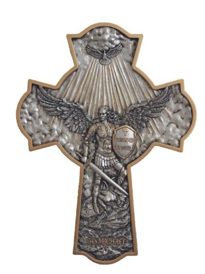 SR-78308-PE St. Michael Crucifixion Plaque pewter style gold trim 16x11.5
