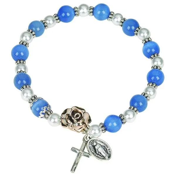      108-16-4294 Blue Porcelain and White Imitation Pearl Stretch Bracelet