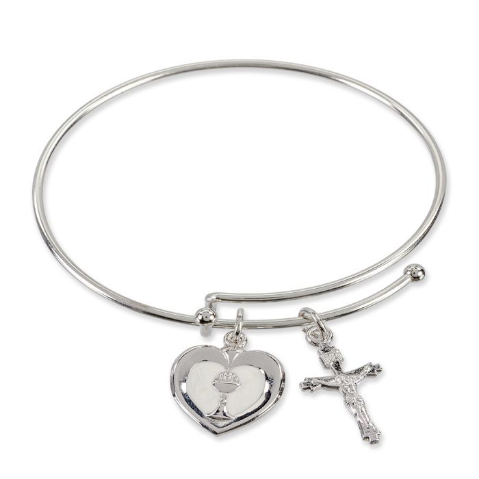 783-623SBX 2 3/4&quot; Silver Charm Bracelet with Crucifix and Heart Shaped Communion Chalice Charm