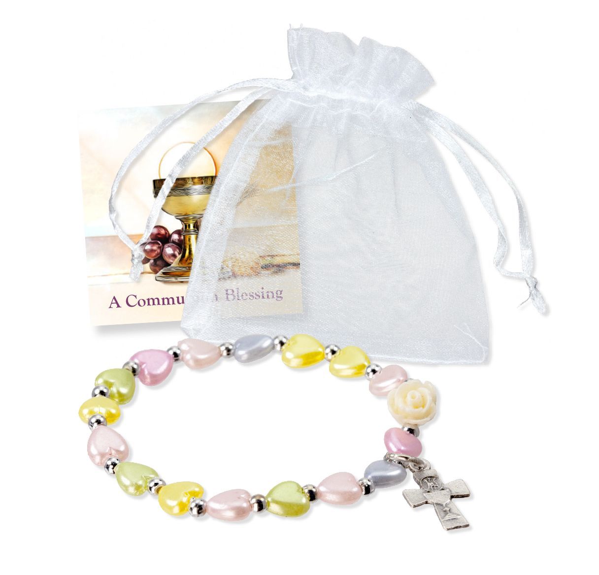 C760MCW Multicolored Pearl Heart Stretch Bracelet with Crucifix