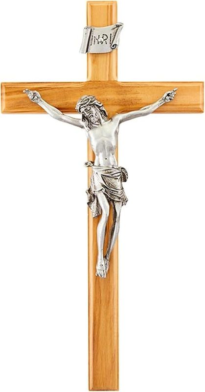 JC-4110-E  10&quot; Beveled Olive Wood Crucifix/Antique Pewter