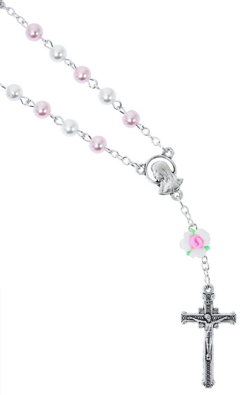 AR75C White &amp; Pink Pearl Auto Rosary