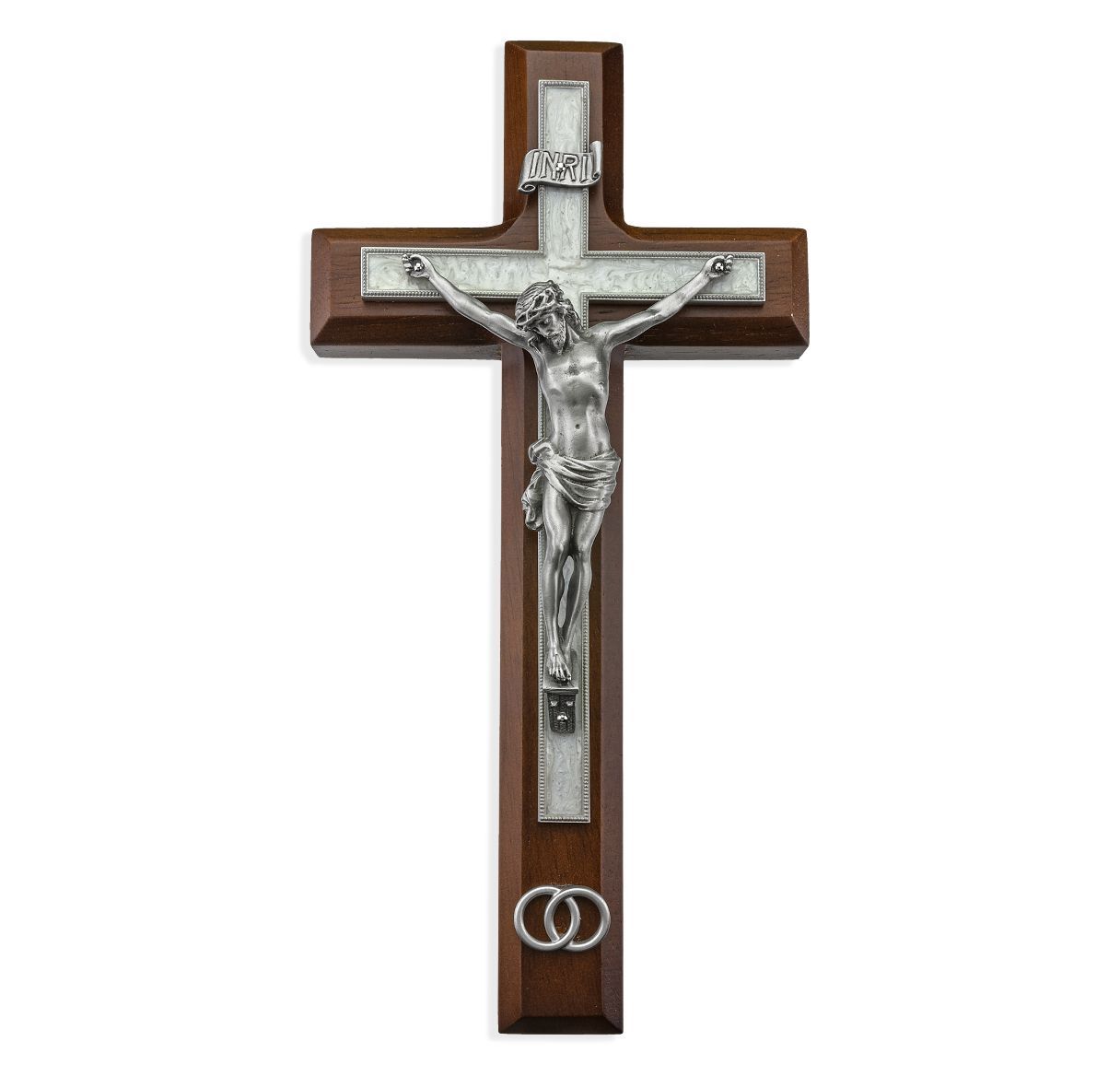 95P-10PW1 10in Walnut Cross with Pewter Corpus Wedding Rings Inlay