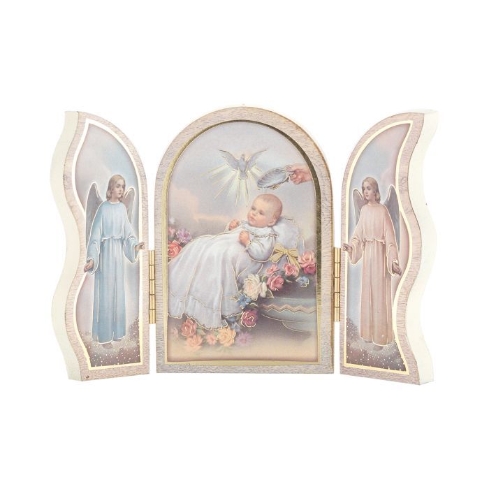 1205W-397 Baptism Standing Natural Wood Tiptych