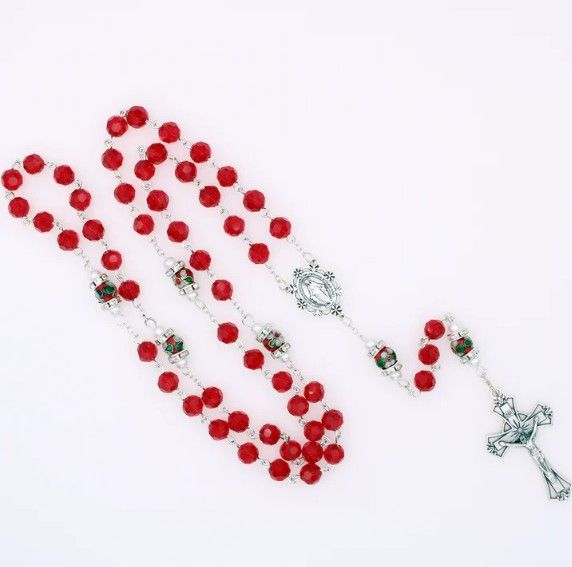       108-16-5028 7mm Red Crystal Rosary with Cloisonné Pater Rondelle Our Father Beads