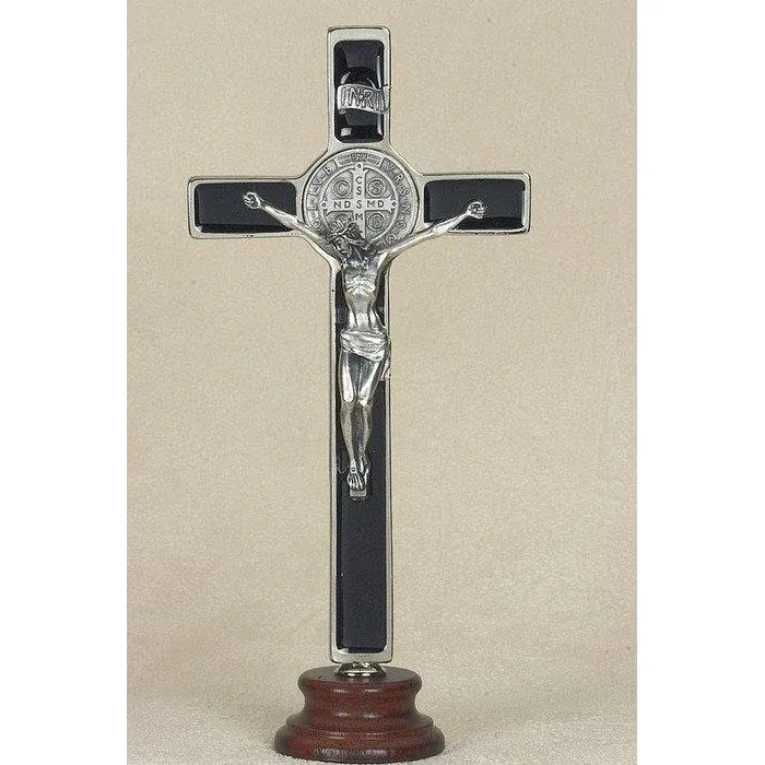 171-11-2021 8in Black Saint Benedict Enameled Crucifix with Silver Tone Corpus