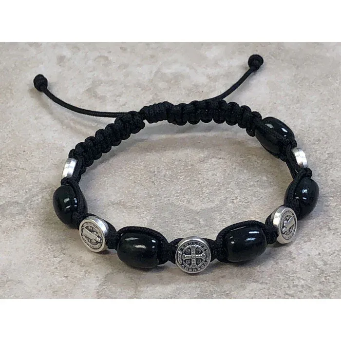 175-16-3610 Black Wood with Saint Bemedict Medals Slip Knot Bracelet