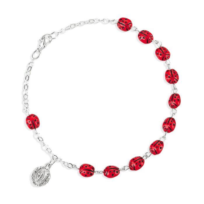 1327 7mm Metal Red Ladybug Rosary Bracelet Boxed