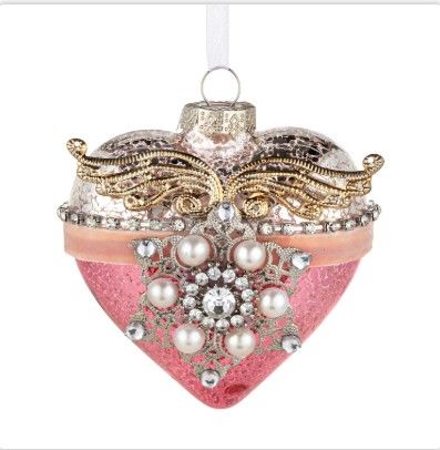       Patinaed Heart with Angel Wings and Pearls