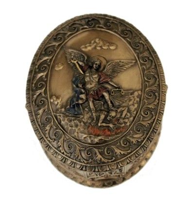      B-75008-B St Michael oval box-antiqued resin