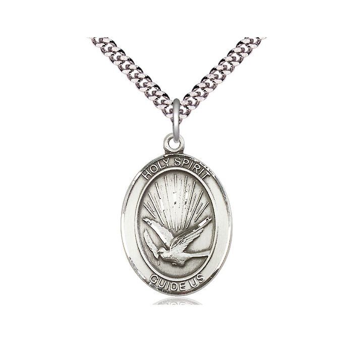 Holy Spirit Oval Sterling Silver Medal w/24" Rhodium Chain w/Clasp 7044SS/24S