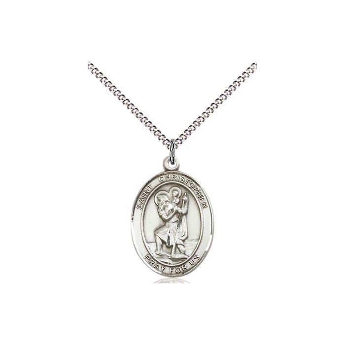 St. Christopher Sterling Silver Oval Medal w/18" Rhodium Chain w/Clasp 8022SS/18S C50LC