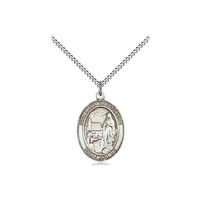        Lady of Lourdes Oval Sterling Silver Medal w/18" Rhodium Chain w/Clasp 8288SS/18S C50-LC