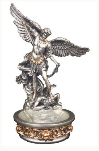      Saint Michael Font Stand or Hang Pewter with Gold Trim - SR-76788-PE 