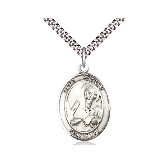 St. Andrew Sterling Silver Oval Medal w/24" Rhodium Chain w/Clasp 7000SS/24S C54LC