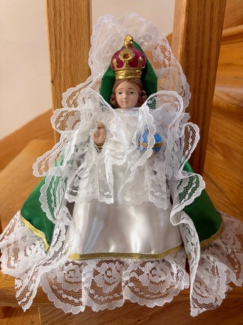 8" Infant of Prague Statue with Kelly Green Satin Dress 1708