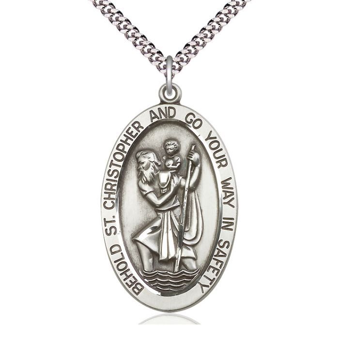 St. Christopher Oval Sterling Silver Medal w/24" Rhodium Chain 5851SS/24S