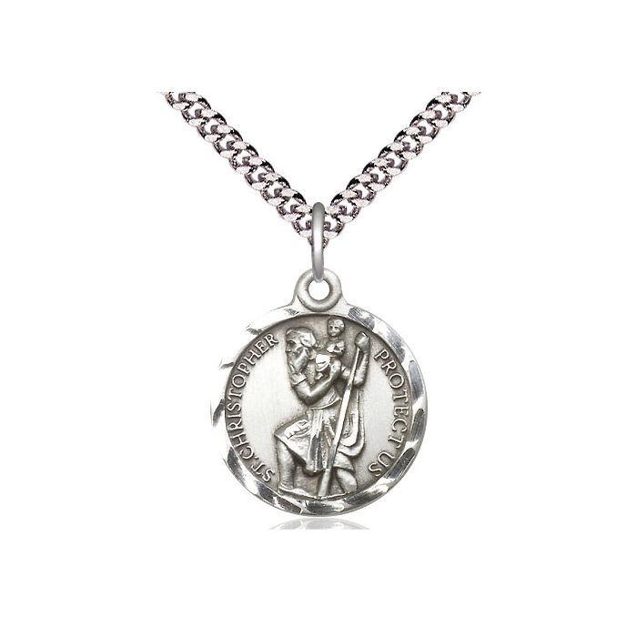        St. Christopher Sterling Silver Round Medal/24" Rhodium Chain 0192CSS/24S