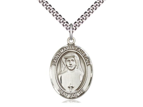        St. Maria Faustina Sterling Silver Oval Medal w/24" Rhodium Chain w/Clasp 7069SS/24S C54LC