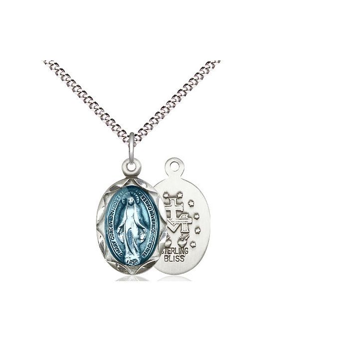 Miraculous Sterling Silver Blue Enamel Medal w/ 18" Rhodium Chain - 0612EMSS/18S
