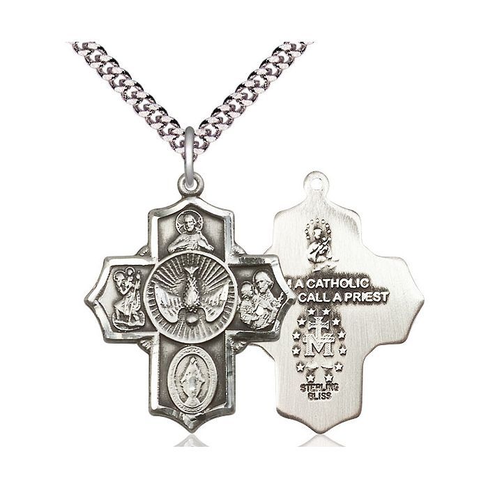        5-Way Sterling Silver Medal w/24" Rhodium Chain w/Clasp 5690SS/24S C54 