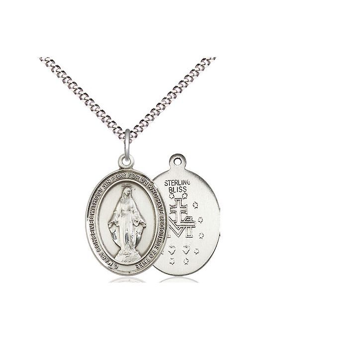 Sterling Silver Miraculous Oval Medal w/ 18" Rhodium Chain w/ Clasp - 8078SS/18S