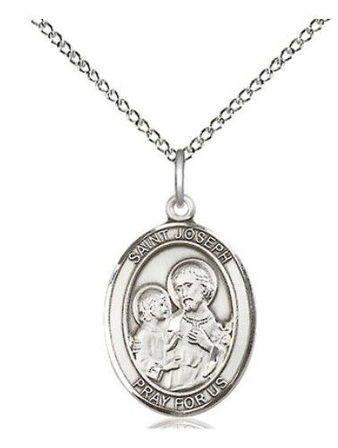      St. Joseph Sterling Silver Oval Medal w/ 18" Rhodium Chain w/Clasp - 8058SS/18S C