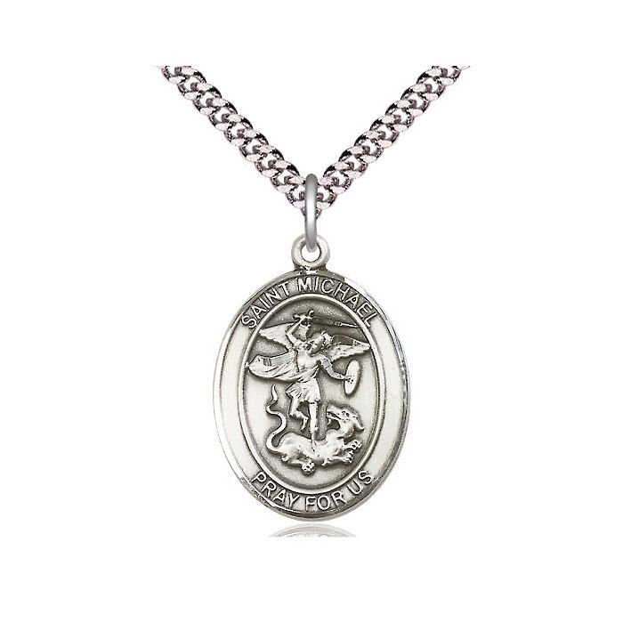 St. Micheal/Police Oval Sterling Silver Medal w/24" Rhodium Chain Endless 7076SS13/24S  C54End