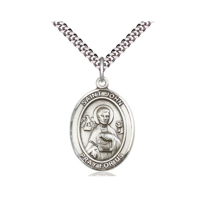 St. John Evangelist Apostle Sterling Silver Oval Medal w/ 24" Rhodium Chain Endless- 7056SS/24S  C54End