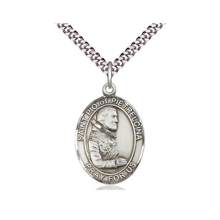 St. Pio of Pietrelcina Oval Sterling Silver Medal w/24" Rhodium Chain Endless 7125SS/24S C54End