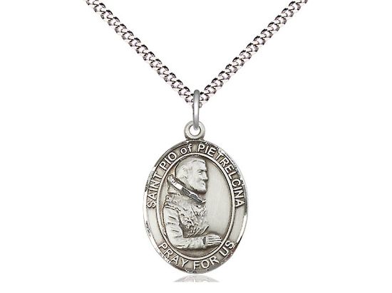        St. Pio of Pietrelcina Oval Sterling Silver Medal w/18" Rhodium Chain w/Clasp 8125SS/18S C50LC