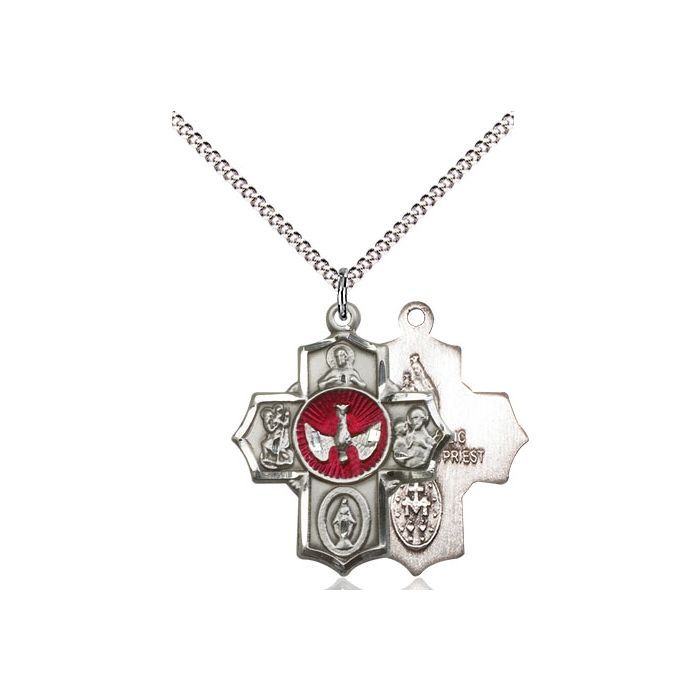 5-Way Red Enamel Sterling Silver Medal w/18" Rhodium Chain w/Clasp 2090ESS/18S C50LC