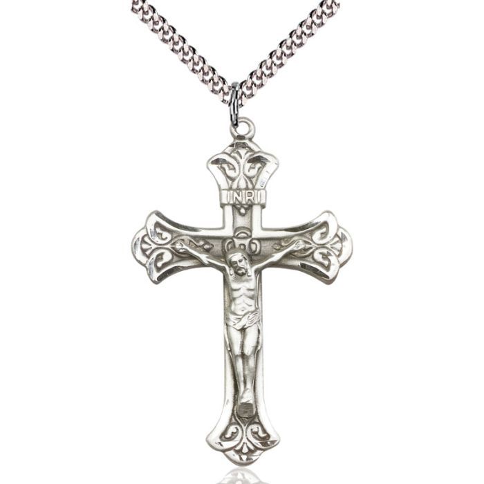        Crucifix Sterling Silver Engraved w/24" Rhodium Chain w/Clasp 0642SS/24S C54LC