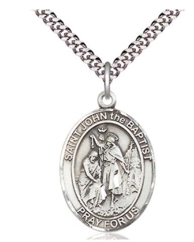        St. John the Baptist Oval Sterling Silver Medal w/24" Rhodium Chain w/Clasp - 7054SS/24S C54LC