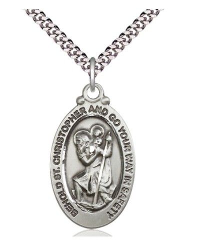       St. Christopher Oval Sterling Silver Medal w/24" Rhodium Chain Endless 4145CSS/24S C54LC