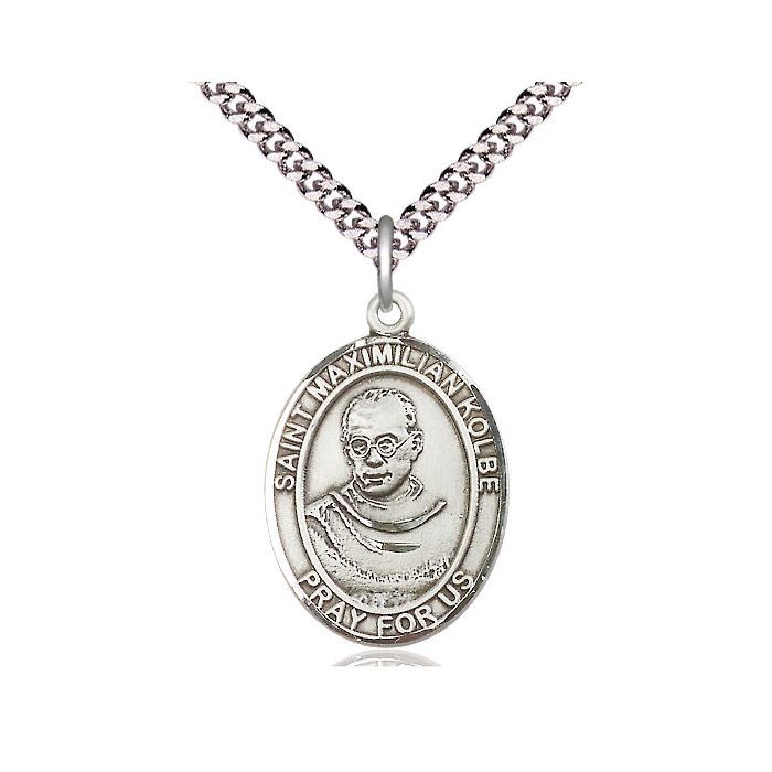        St. Maximilian Kolbe Oval Sterling Silver Medal w/24" Rhodium Chain - 7073SS/24S-L C54-LC