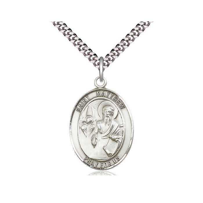 St. Matthew Sterling Silver Oval Medal w/ 24" Rhodium Chain Endless- 7074SS/24S C54End
