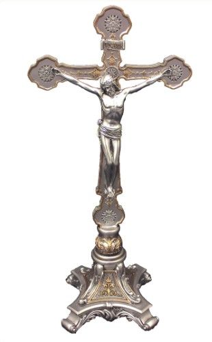 Ornate Standing Crucifix 13in Pewter Style with Gold Trim SR-76443-PE