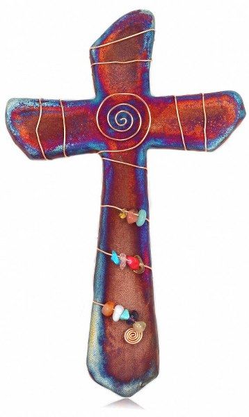 Raku Cross B Med - Gem Stones w/ Spiral