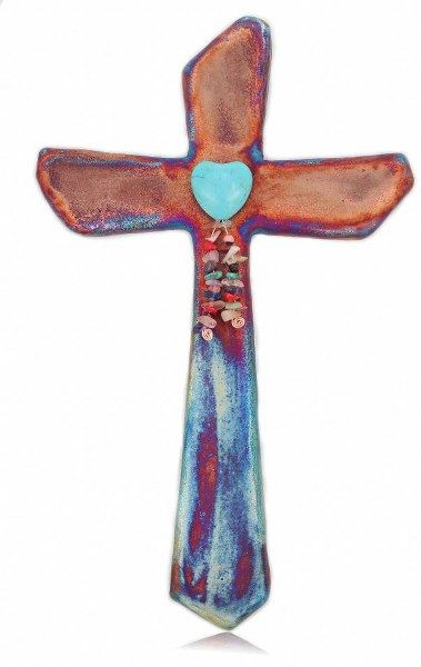 Raku Cross F LG  - Heart with Dangles