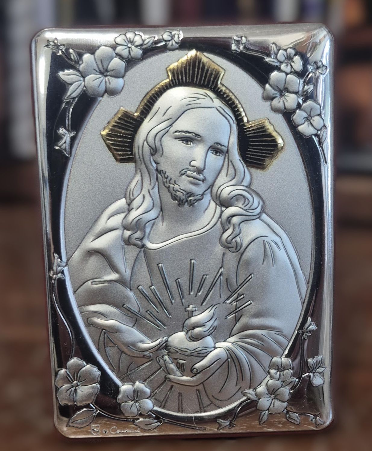       4" x 2.75" Sacred Heart Silver Bilaminate Plaque 47-305-SH