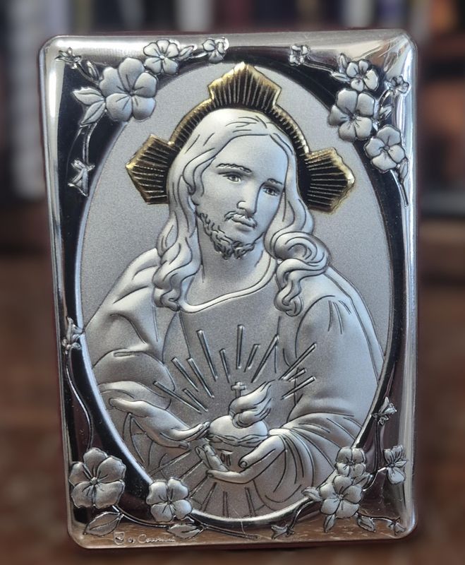       4" x 2.75" Sacred Heart Silver Bilaminate Plaque 47-305-SH