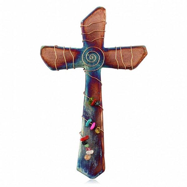 Raku Cross B LG - Gem Stones w/ Spiral