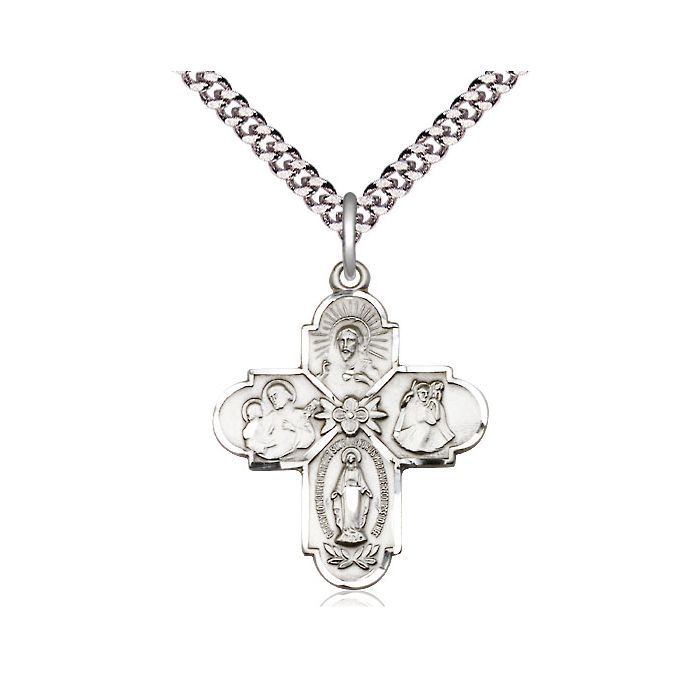 4-Way Sterling Silver Medal w/ 24" Rhodium Chain w/Clasp - 0043SS/24S  C54LC