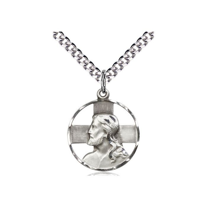 Christ Head Cross Sterling Silver Medal w/18" Rhodium Chain w/Clasp - 4221SS/18S C50LC