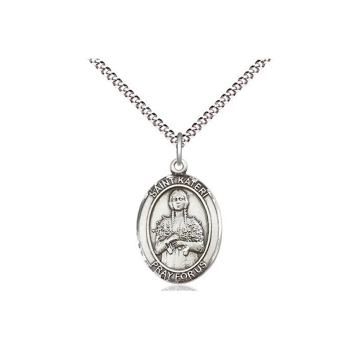 St. Kateri Tekakwitha Oval Sterling Silver Medal w/18" Rhodium Chain w/Clasp 8061SS/18S C50LC