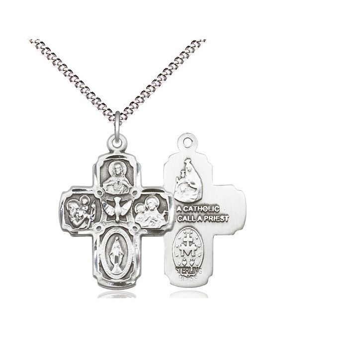        5-Way Sterling Silver Medal Engraved w/18" Rhodium Chain w/Clasp 0041SS/18S C50LC
