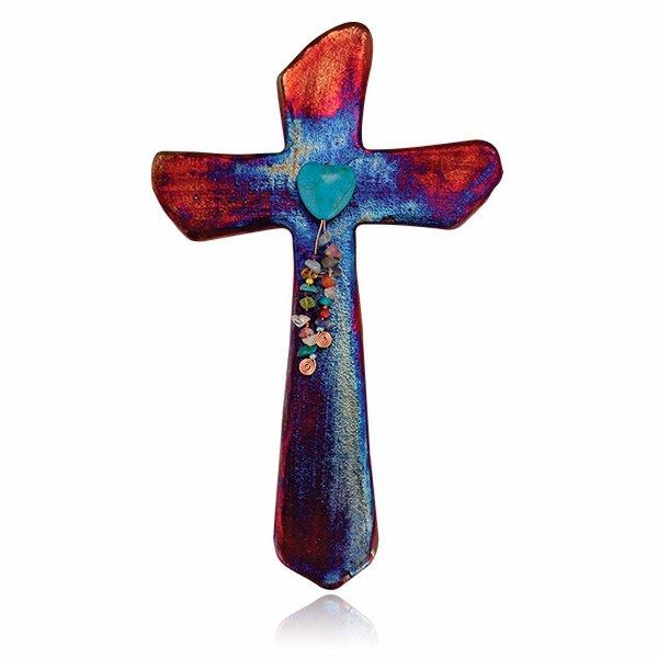 Raku Cross F Small - Heart w/ Dangles
