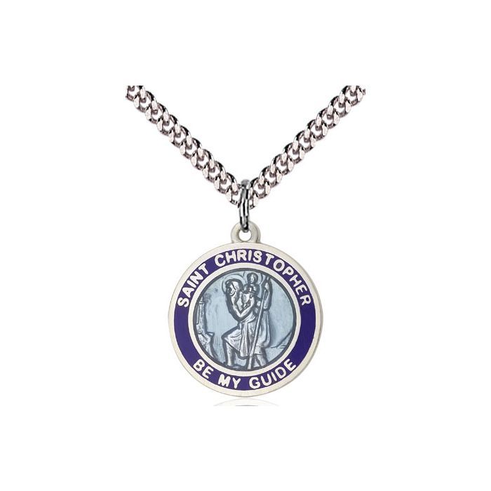 St. Christopher w/Blue Boarder Sterling Silver Medal w/24" Rhodium Chain Endless 0192BSS/24S C54End